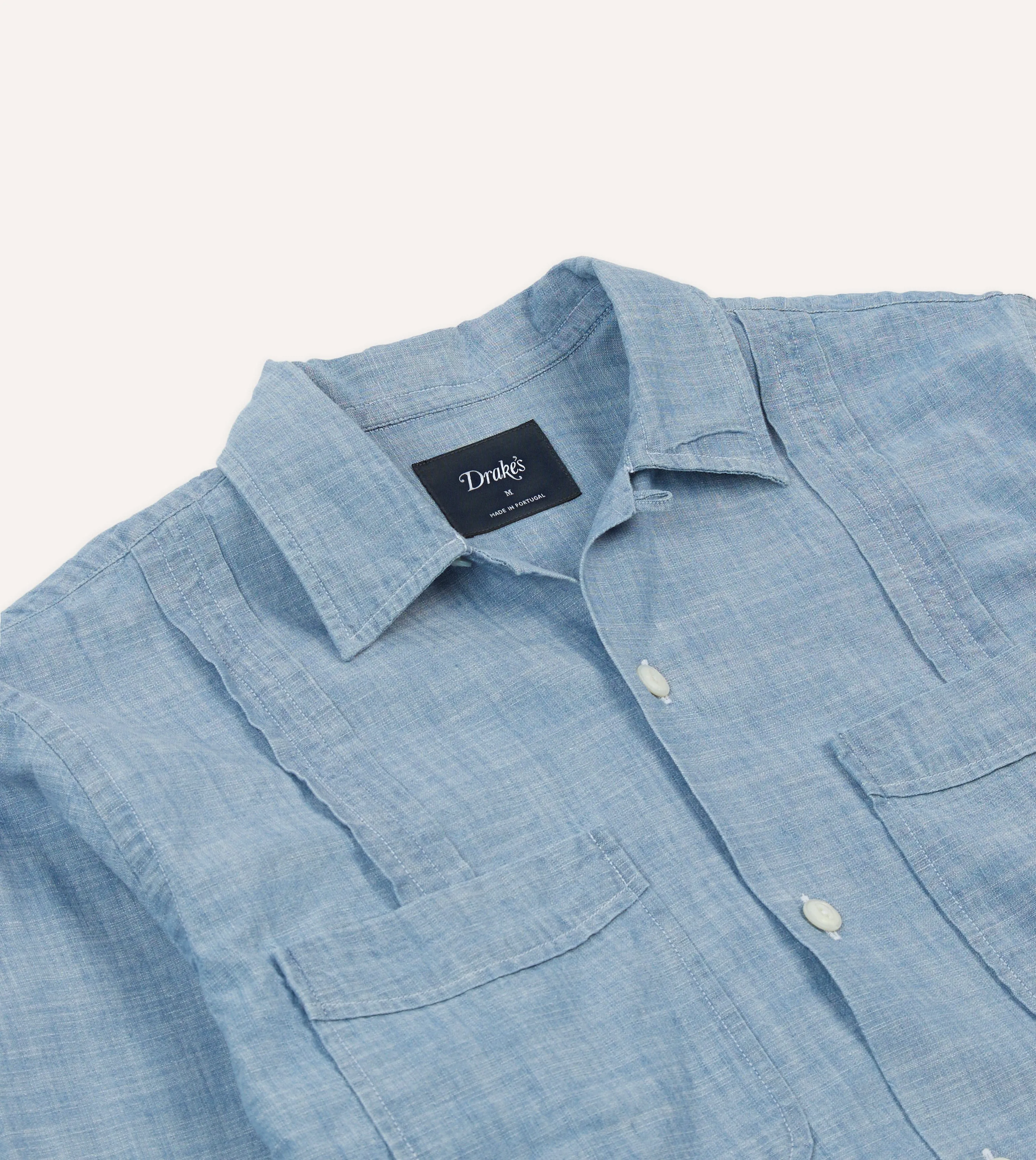 Active Look Bleach Wash Chambray Cotton Long Sleeve Cuban Shirt