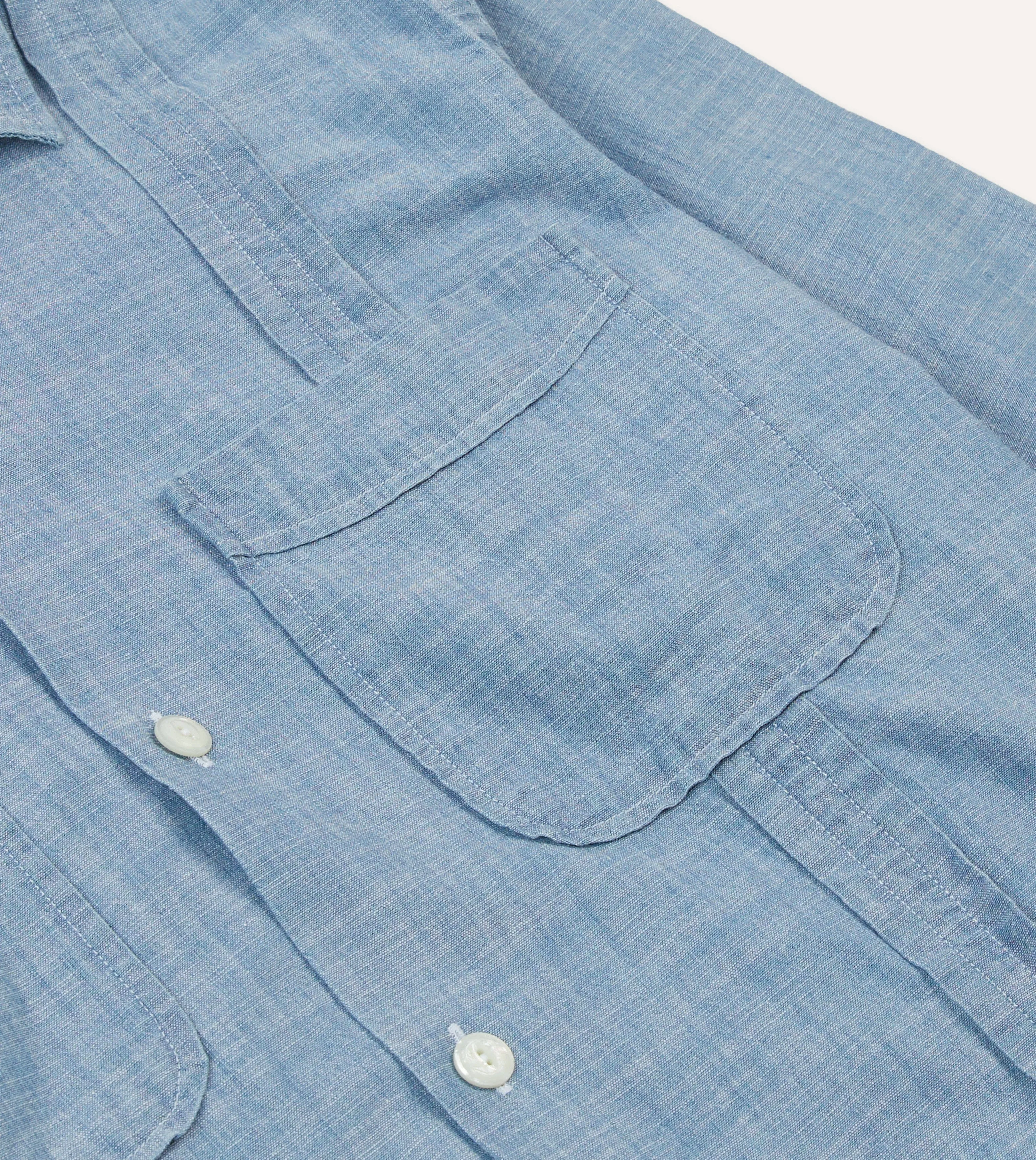 Bleach Wash Chambray Cotton Long Sleeve Cuban Shirt Comfortable Weave Versatile and Stylish