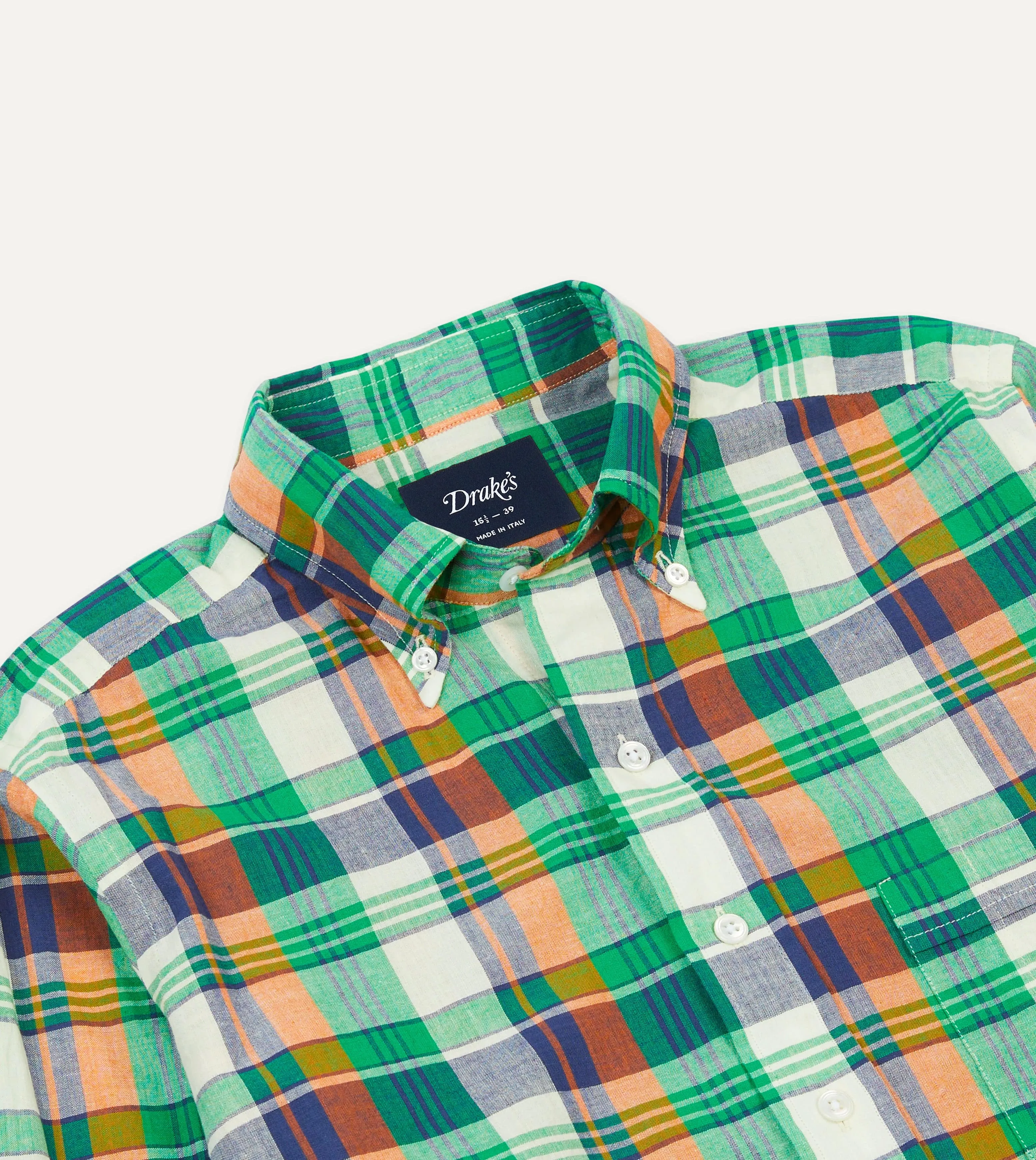 Summer Essential Green and Orange Madras Check Cotton Button-Down Shirt