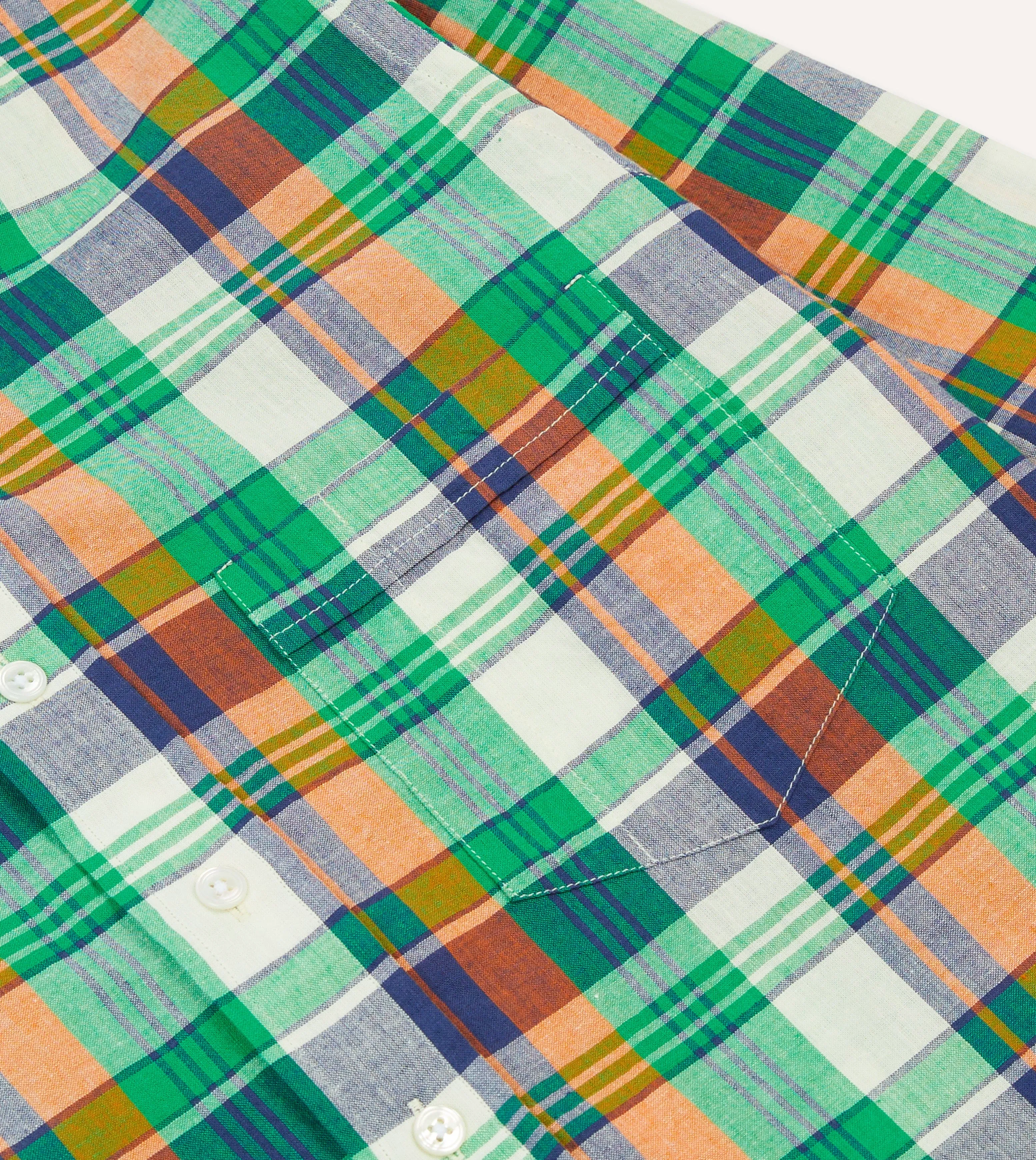 Green and Orange Madras Check Cotton Button-Down Shirt Moisture Control Fabric Minimal Layers