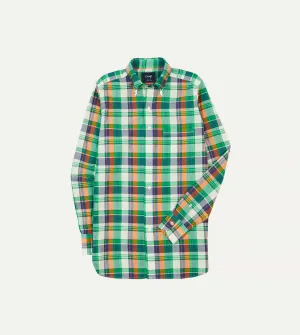 Green and Orange Madras Check Cotton Button-Down Shirt Holiday Wear