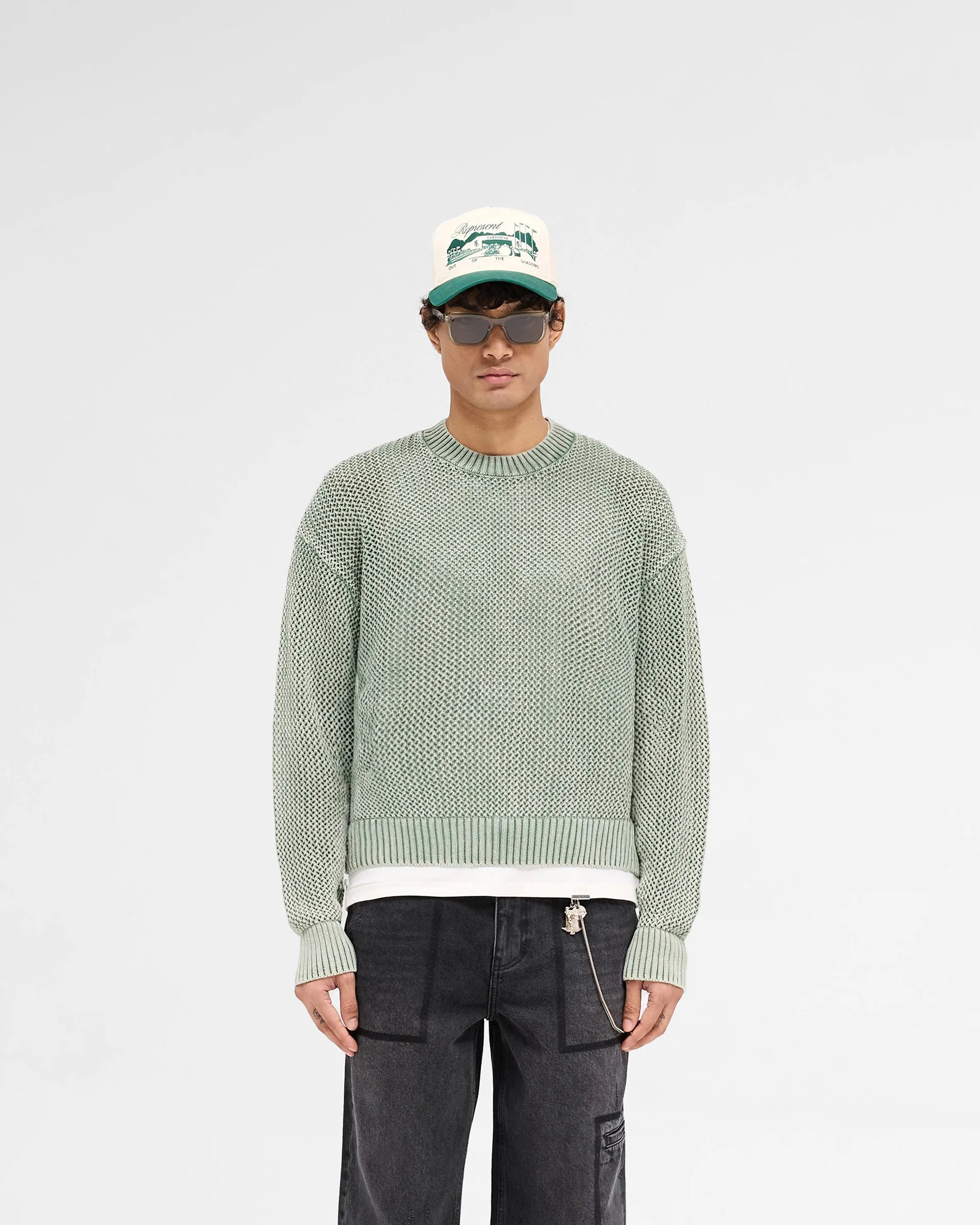 Open Gauge Knit Sweater - Forest Green Lattice Pattern Colorfast Clothing