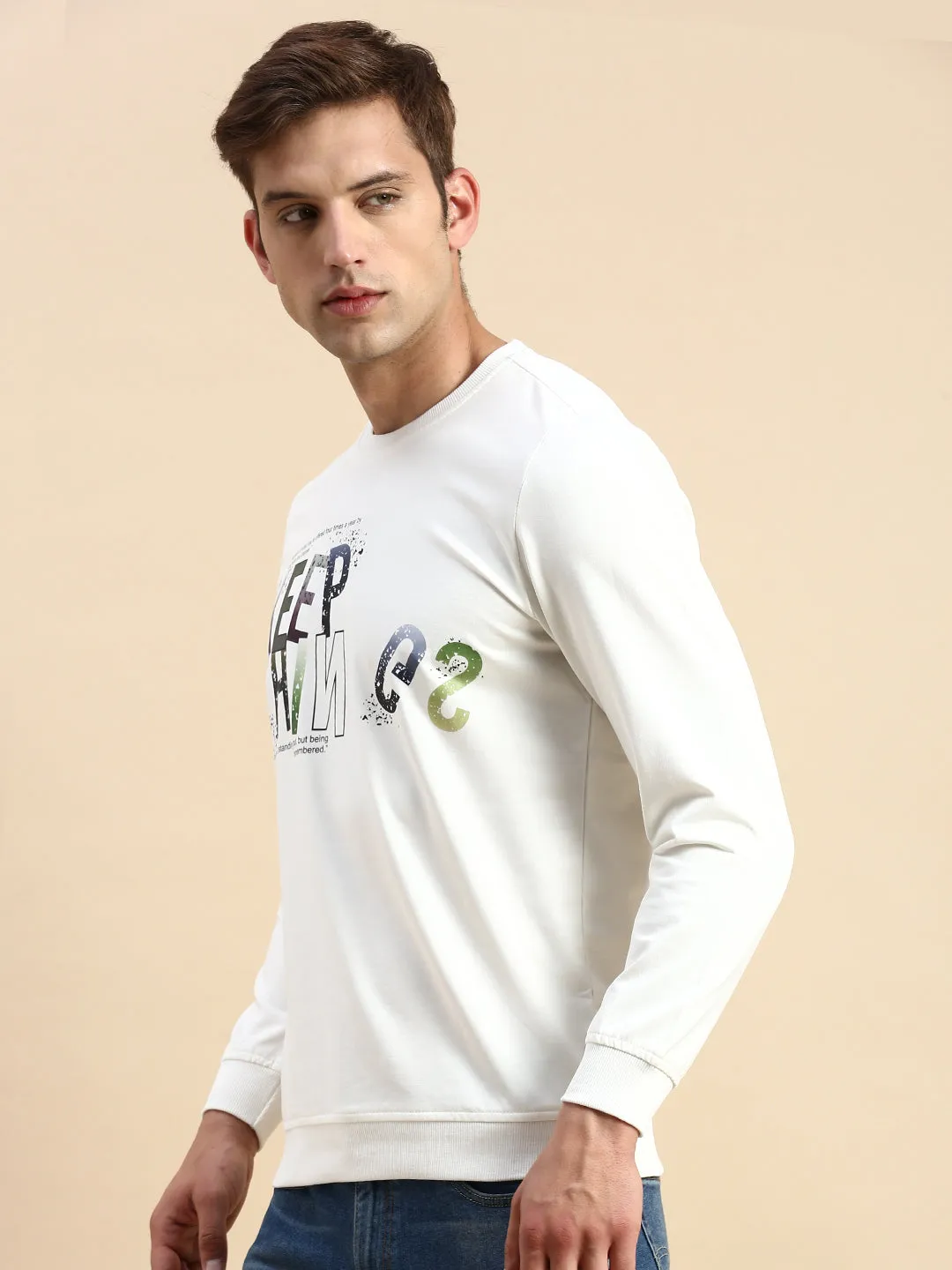 product generic practicality Sports Wear Men's White Typography Printed Sweatshirt
