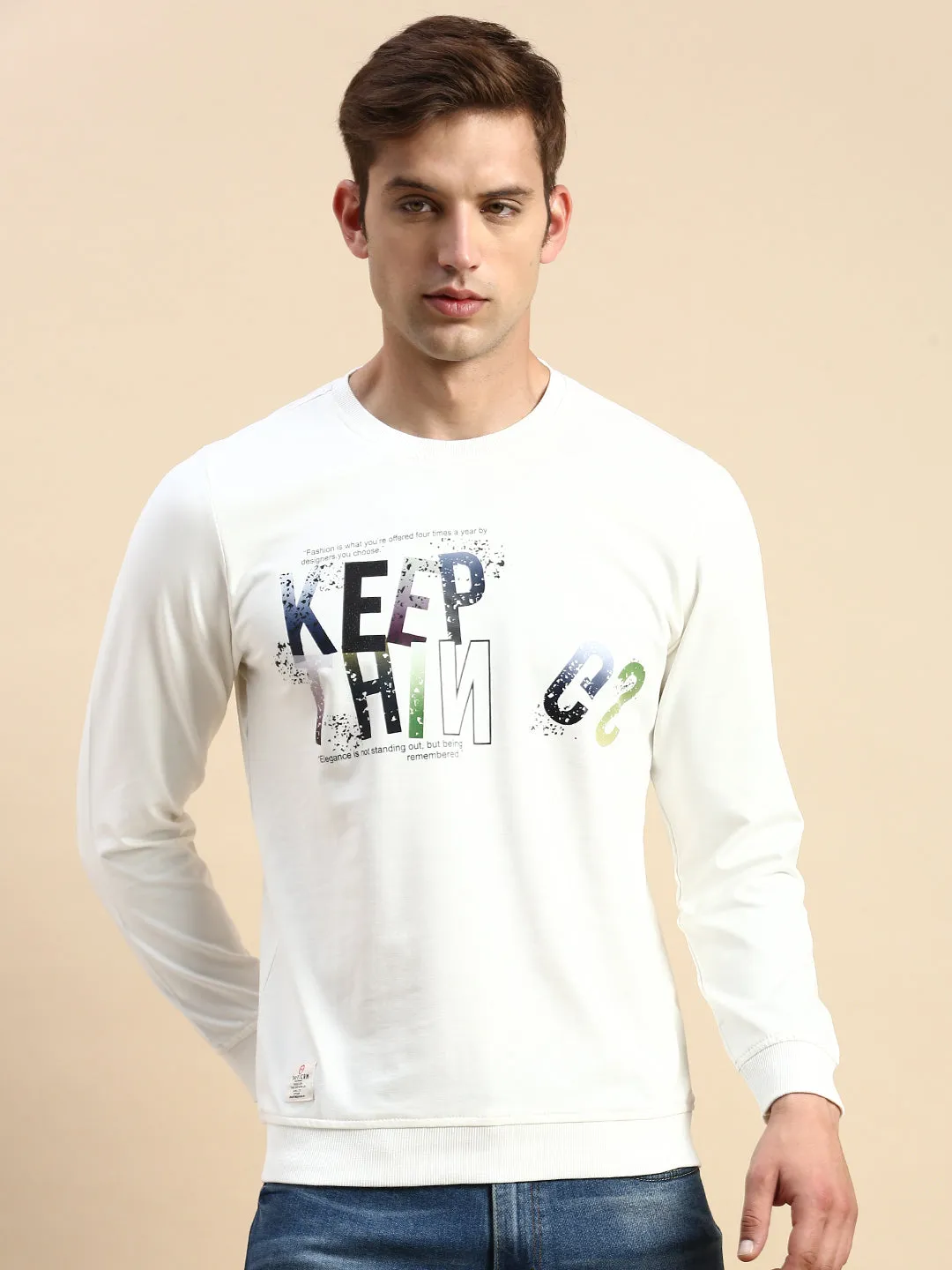 Long Sleeves Men's White Typography Printed Sweatshirt
