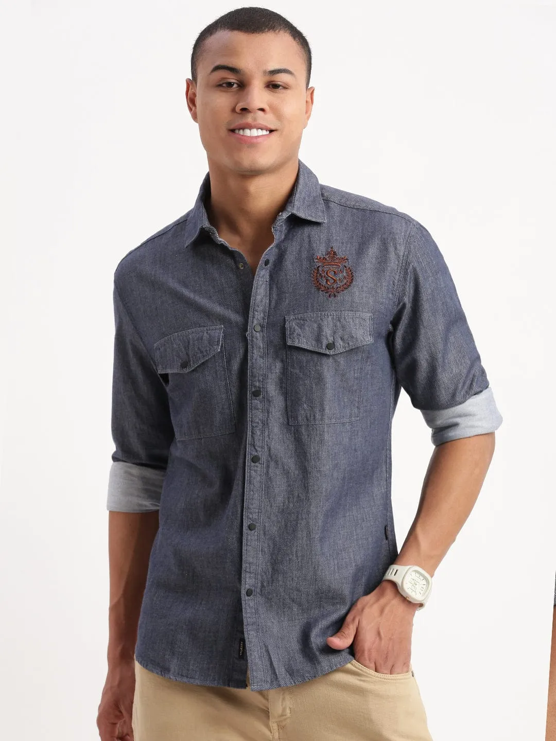 Men's Navy Blue Standard Slim Fit Spread Collar Twill Weave Cotton Shirt Global Cool