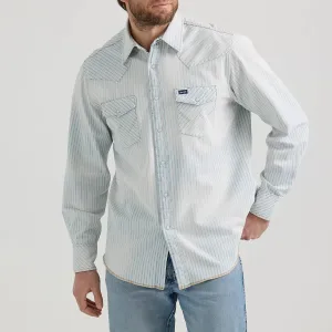 Wrangler Men's L/S Vintage Inspired Railroad Stripe Western Snap Work Shirt Embroidered Fashionable Layer