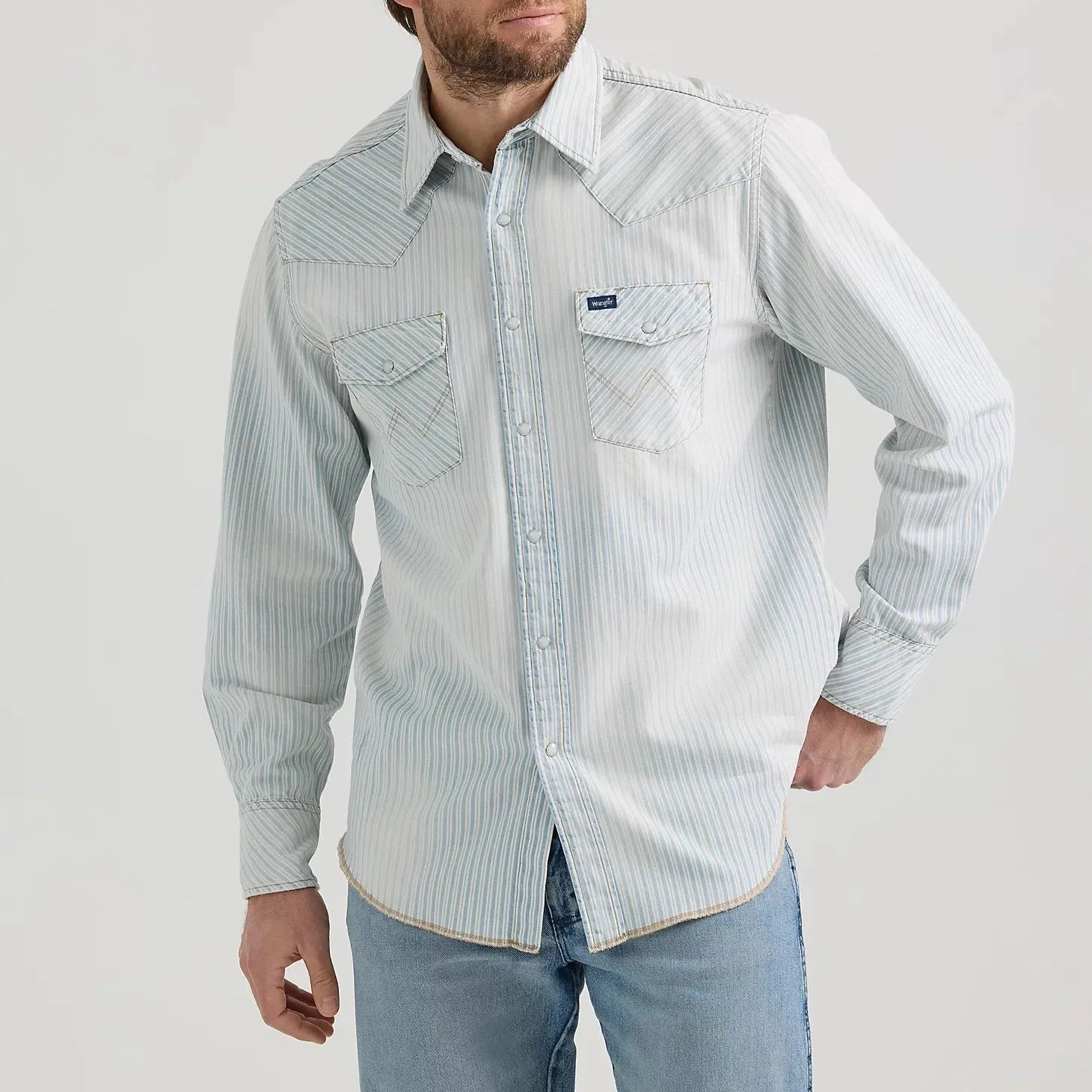 Wrangler Men's L/S Vintage Inspired Railroad Stripe Western Snap Work Shirt Embroidered Fashionable Layer