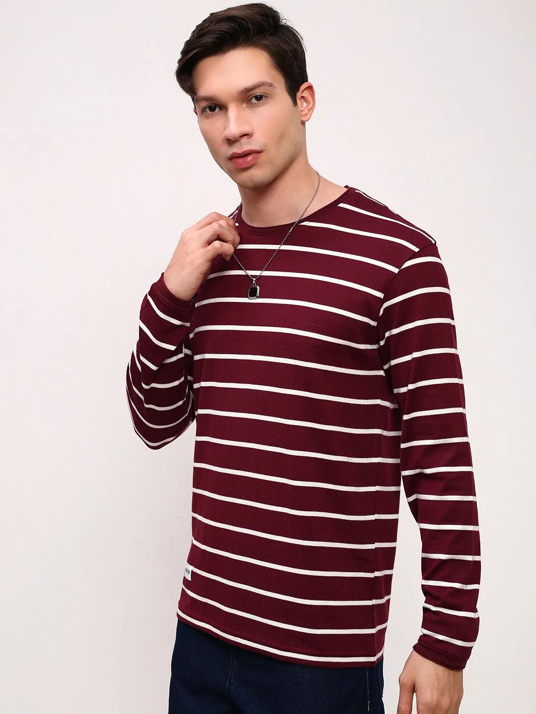 lanyard accents Men's Burgundy Round Neck Striped T-Shirt