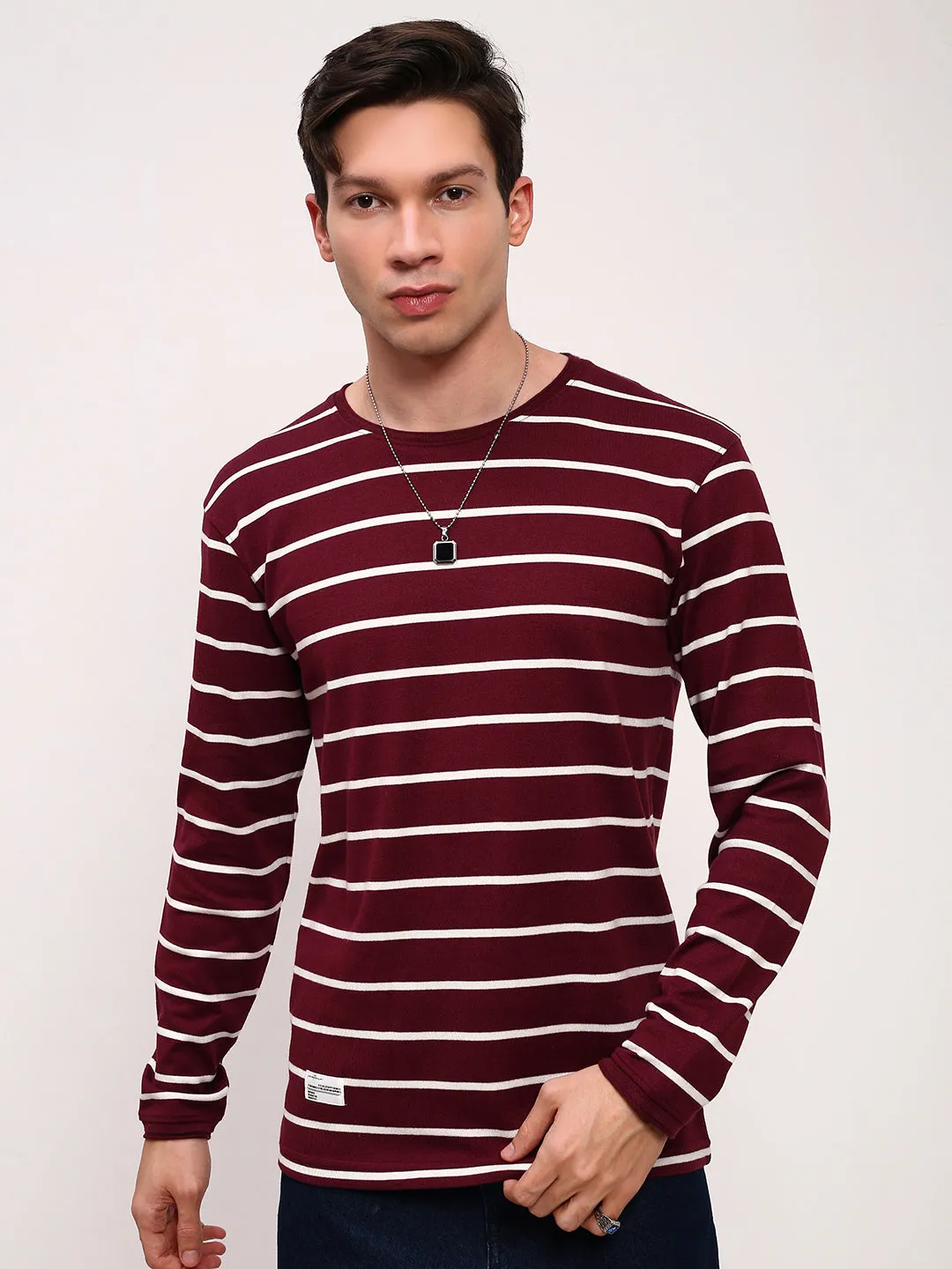 group wear Minimal Staple Men's Burgundy Round Neck Striped T-Shirt