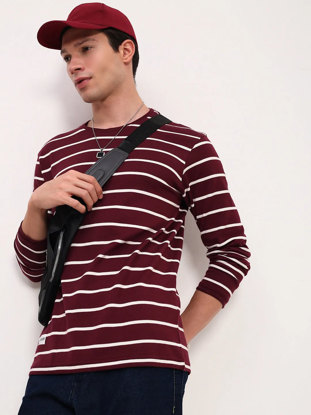 Breathable Design Timeless Hoodie Men's Burgundy Round Neck Striped T-Shirt