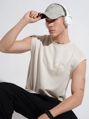 Men's Graphic Print Cream Sleeveless Round Neck Regular Fit T-Shirt MoistureWicking TagFreeDesign