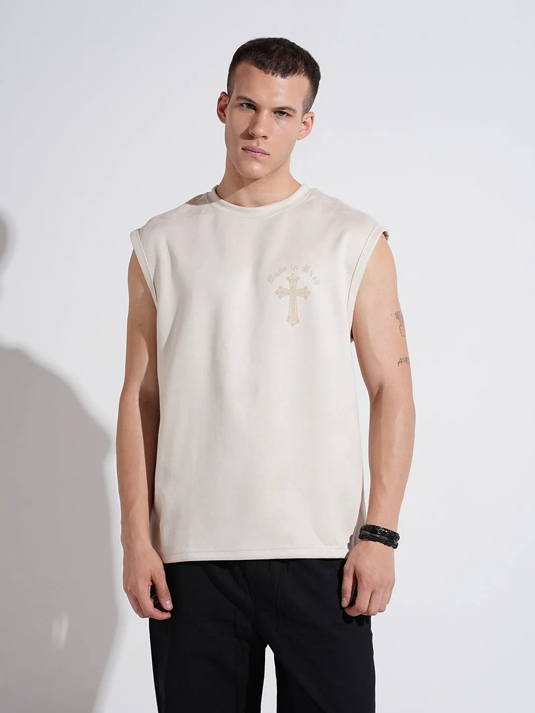 Minimal Mood Men's Graphic Print Cream Sleeveless Round Neck Regular Fit T-Shirt