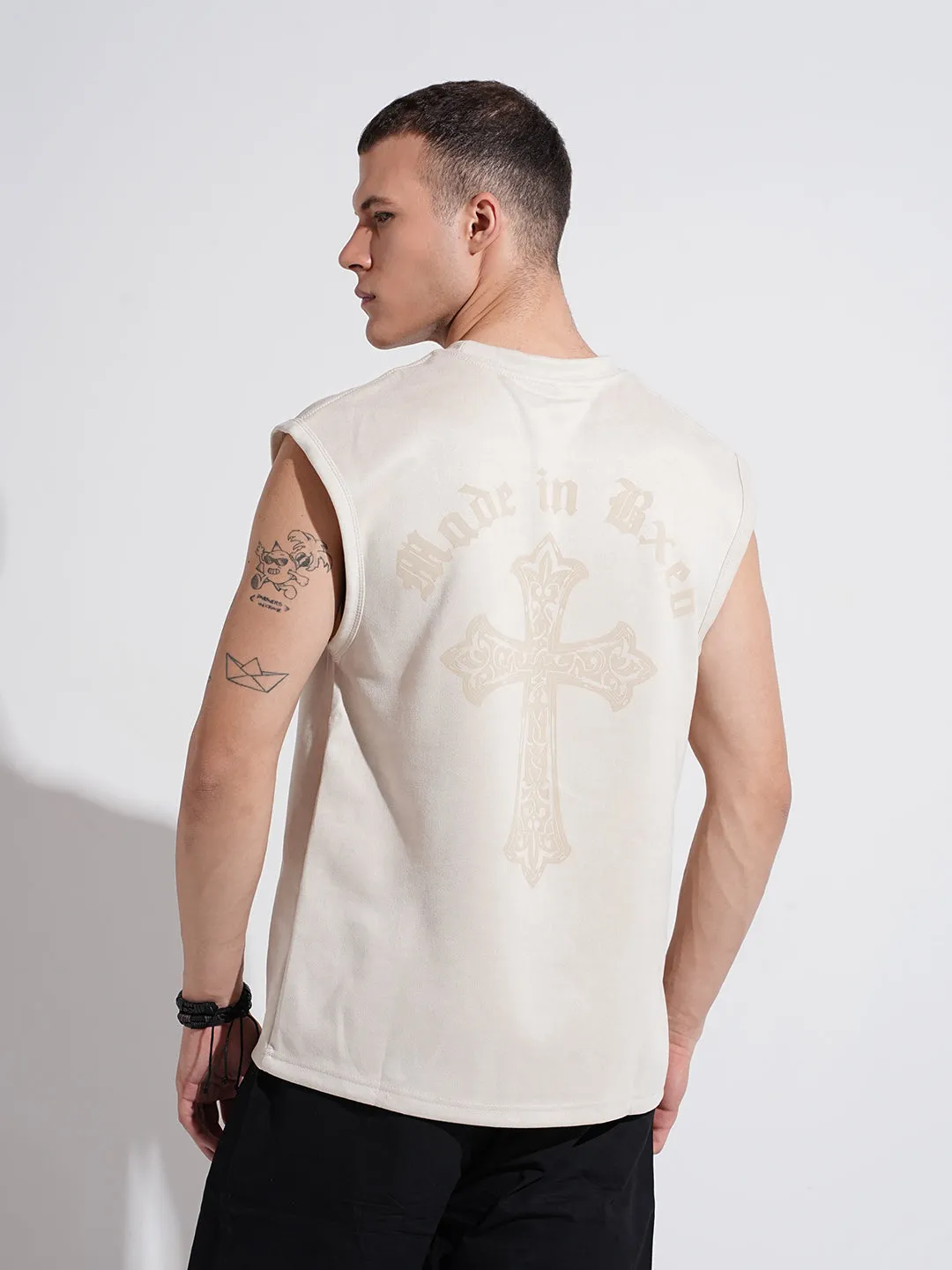 Men's Graphic Print Cream Sleeveless Round Neck Regular Fit T-Shirt Vented Panels