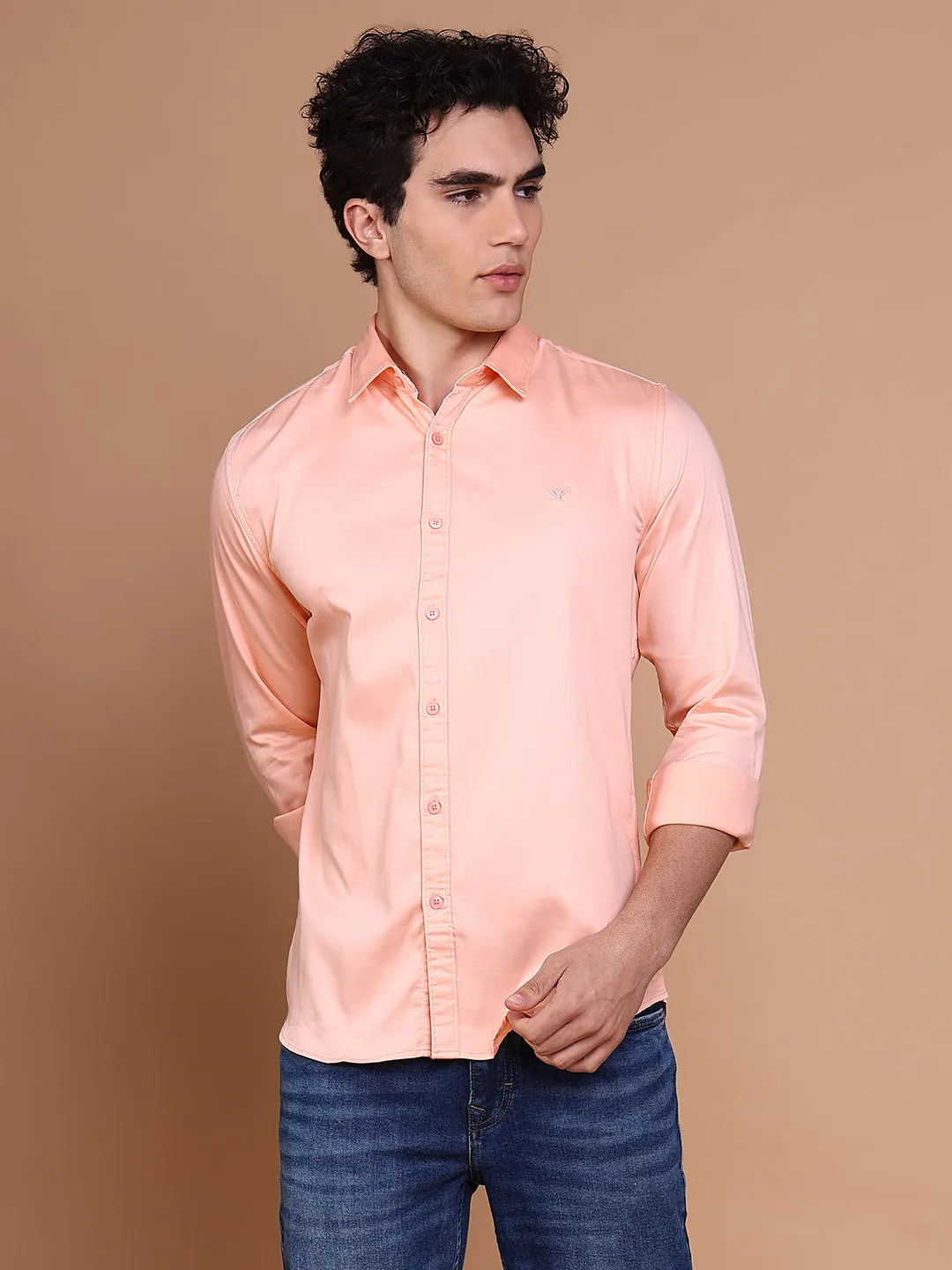 Smart Skirt Men's Peach Comfort Spread Collar Solid Cotton Casual Shirt