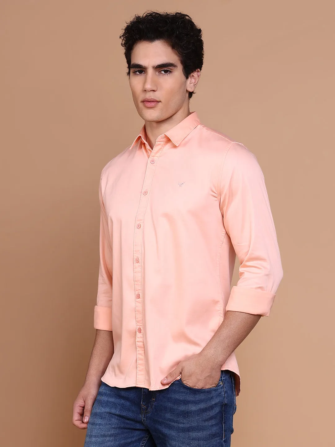 Men's Peach Comfort Spread Collar Solid Cotton Casual Shirt Teacher Chic All-Occasion Wear