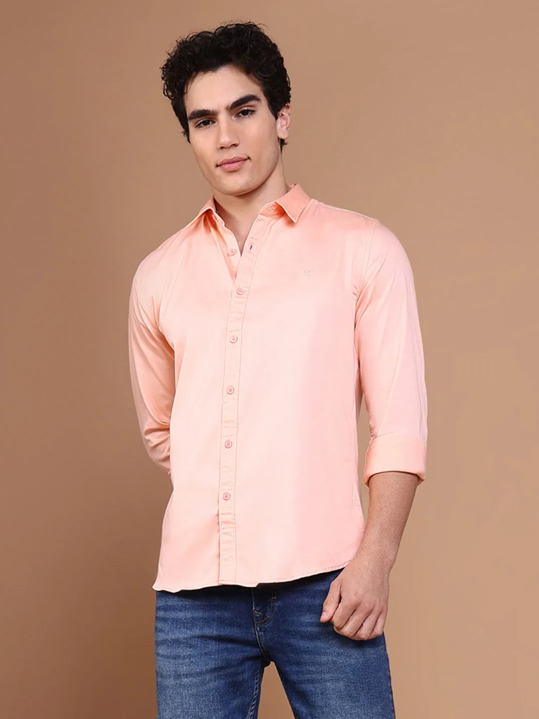 Men's Peach Comfort Spread Collar Solid Cotton Casual Shirt Picnic Fun Free Mind