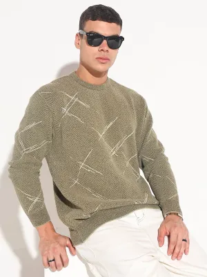 Day To Night Men's Abstract Olive Ribbed Round Neck Sweater