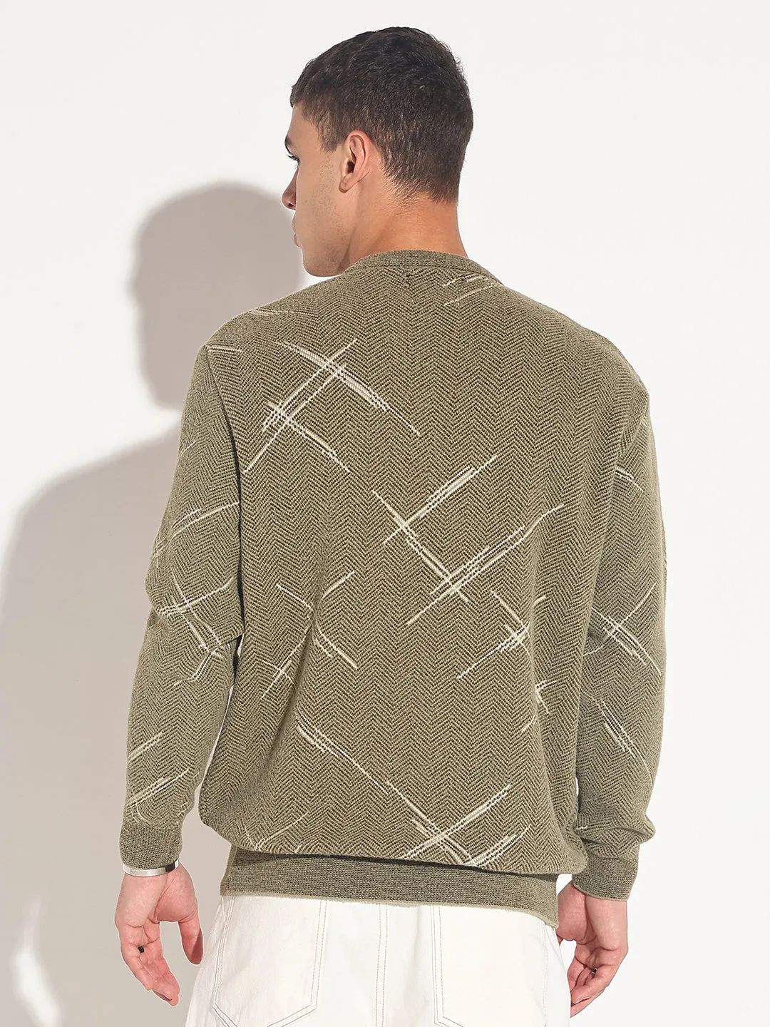 Double Layered Design Chic Look Men's Abstract Olive Ribbed Round Neck Sweater