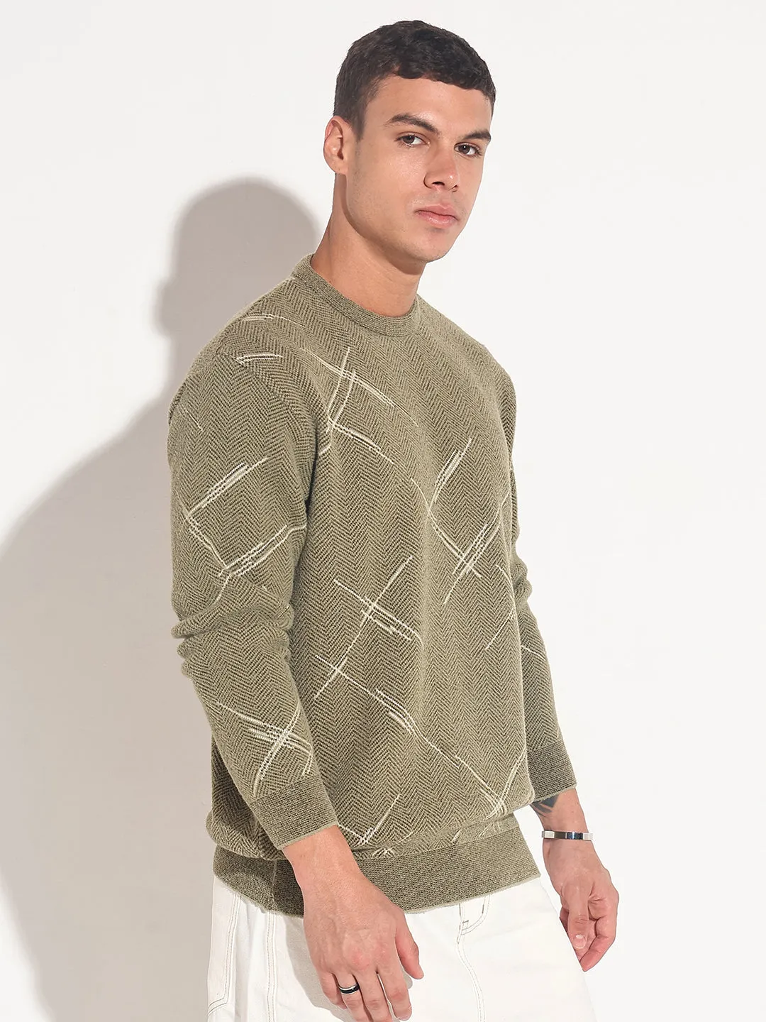 Men's Abstract Olive Ribbed Round Neck Sweater smooth zipper