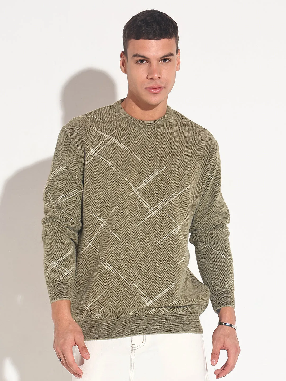 Men's Abstract Olive Ribbed Round Neck Sweater Street Warmth