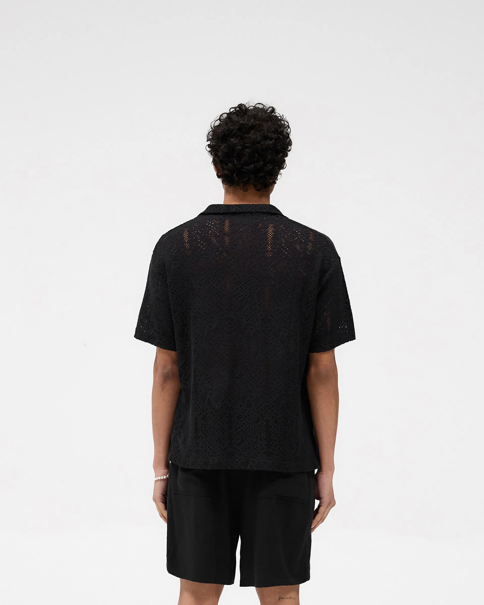 Flexible Rib Trimming All Over Crochet Shirt - Jet Black