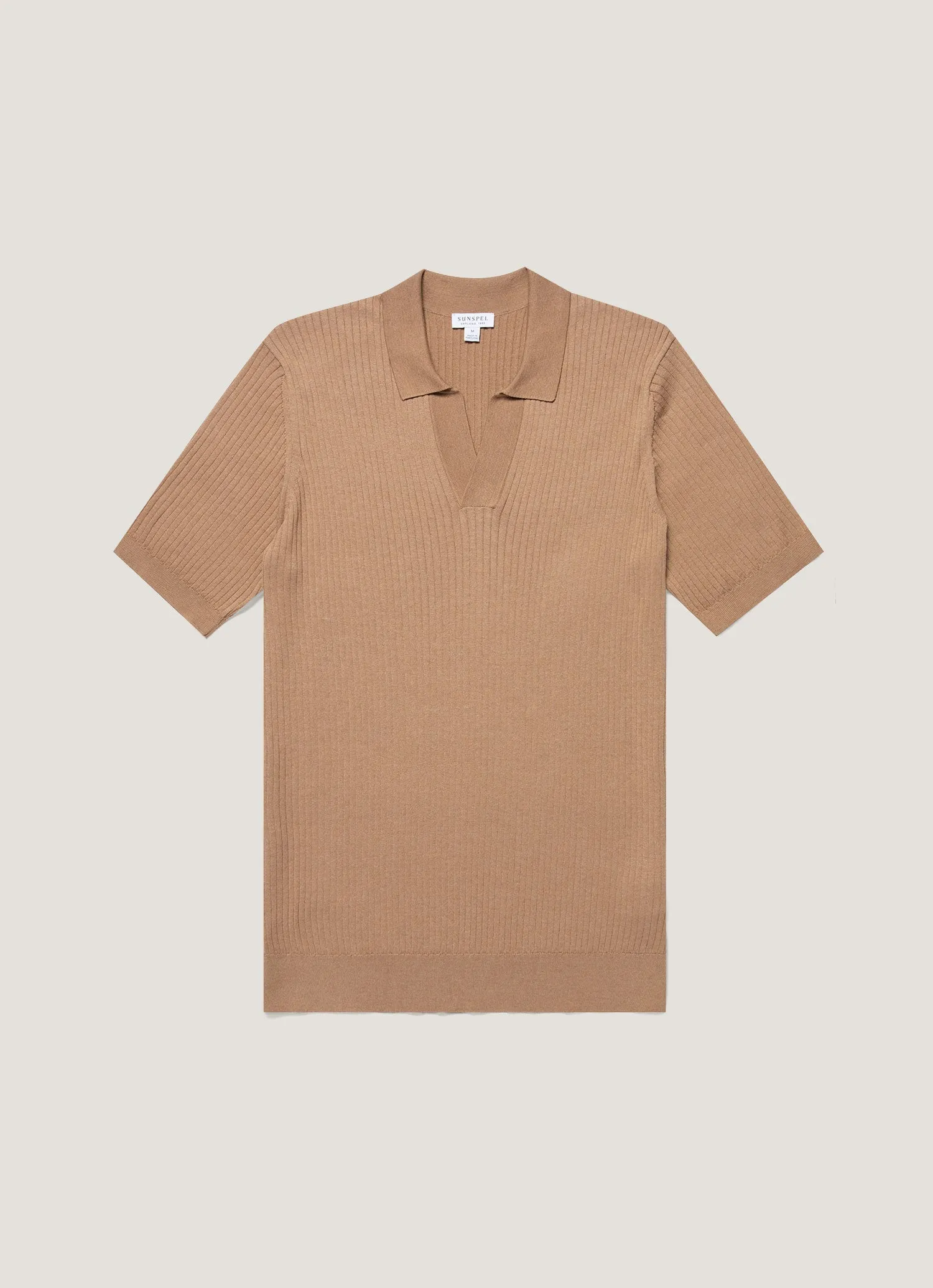 Men's Fine Rib Silk Cotton Polo Shirt in Dune FrictionResistant Sleeves AntiPilling Technology