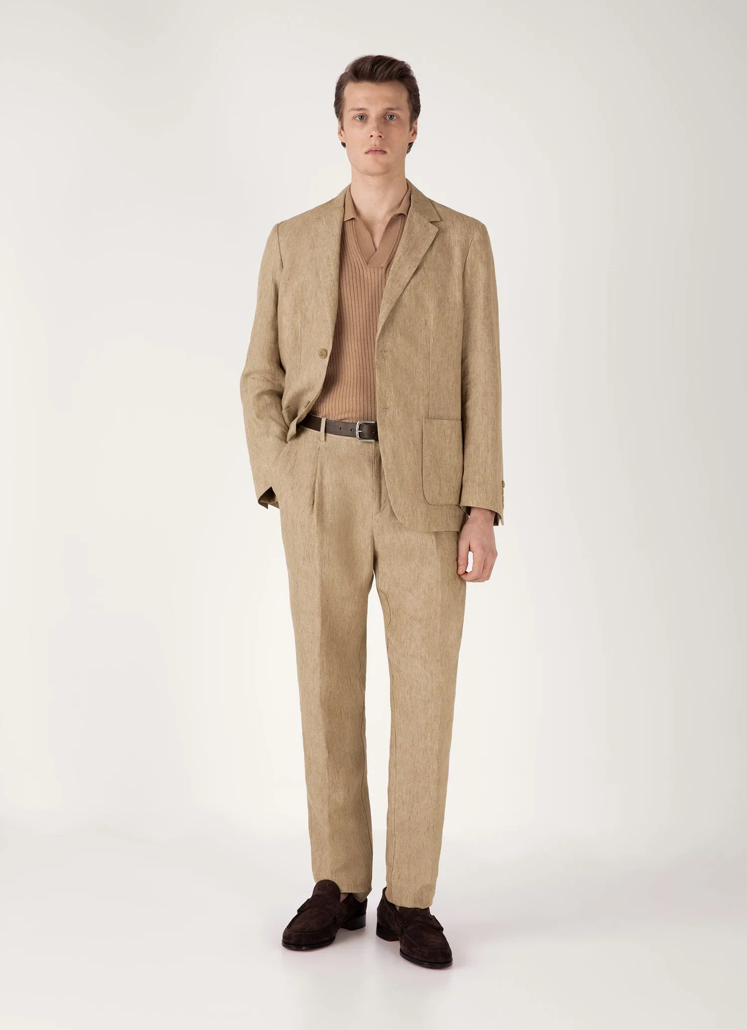 Men's Fine Rib Silk Cotton Polo Shirt in Dune Merino Wool Blend Ultra Fine Gauge