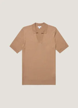 Men's Fine Rib Silk Cotton Polo Shirt in Dune FrictionResistant Sleeves AntiPilling Technology