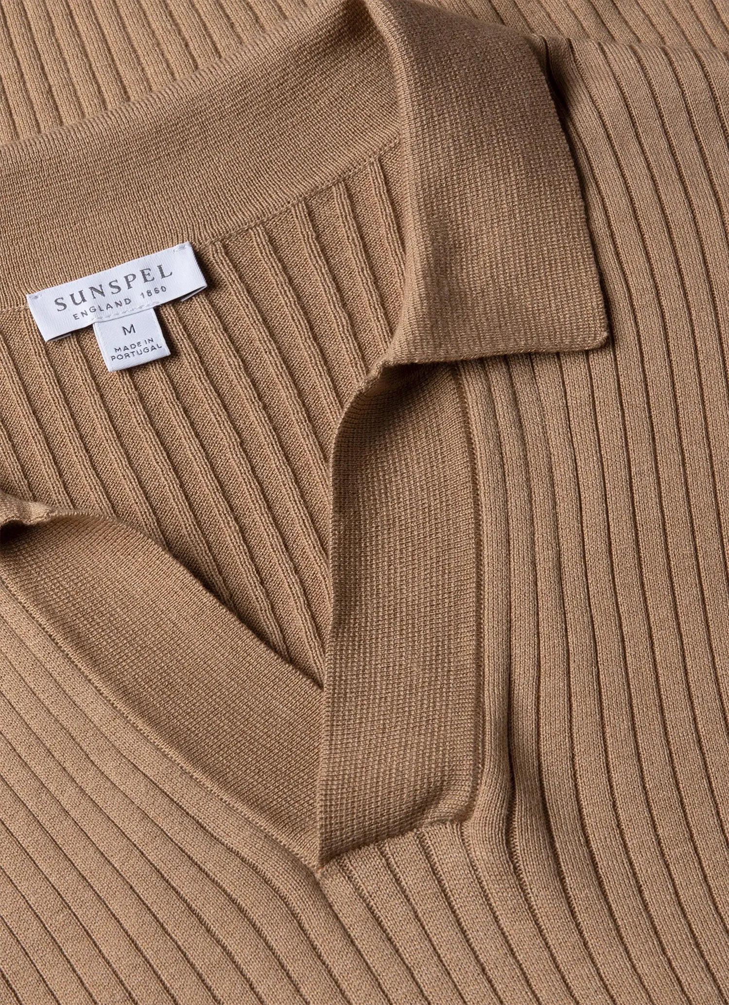 Men's Fine Rib Silk Cotton Polo Shirt in Dune AntiSnag Surface Easy Draping