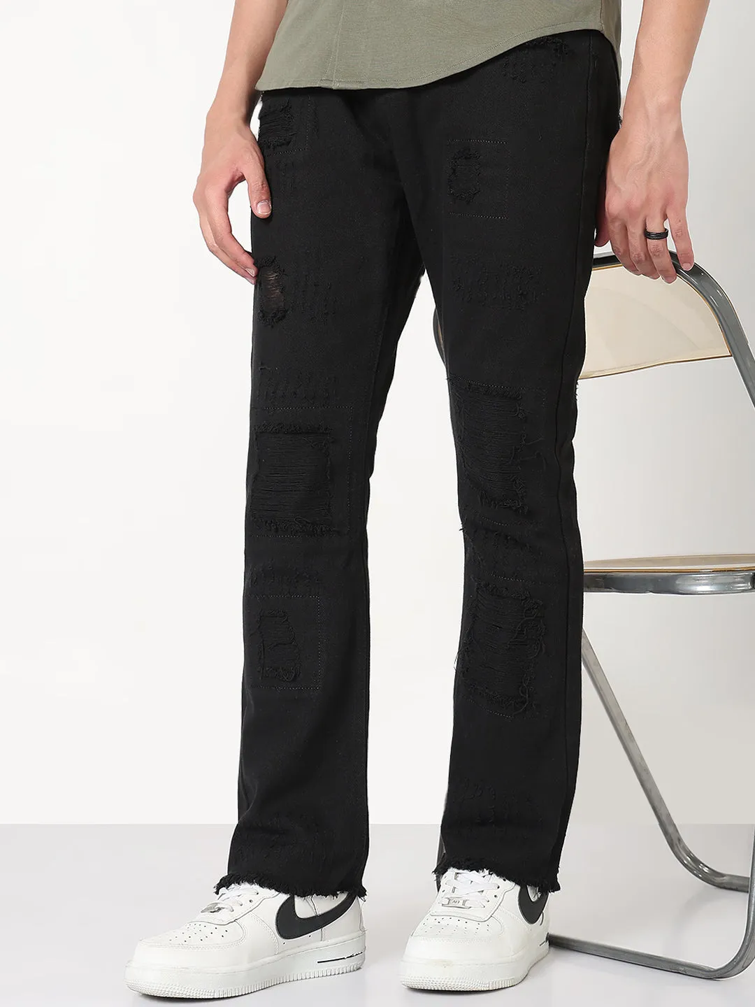 Anti Slip Waistband Dynamic Style Men's Black Distressed Slim Fit Jeans