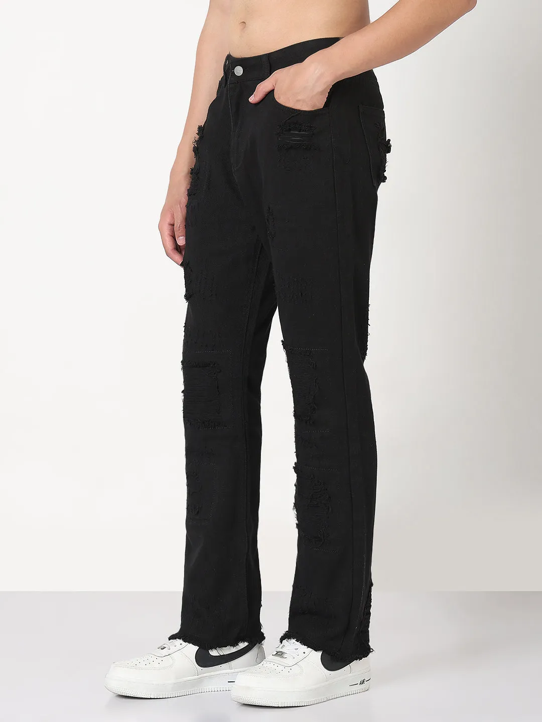 Anti Static Treatment Easywear Style Men's Black Distressed Slim Fit Jeans