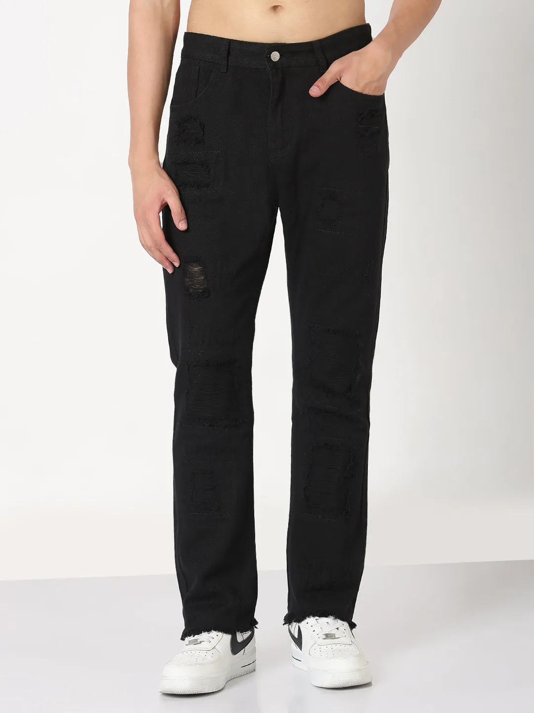 Quick Dry Fabric Men's Black Distressed Slim Fit Jeans