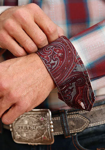 Stetson Men's Wine Plaid Western Shirt Durable Colorfast Finish Seasonal Wear