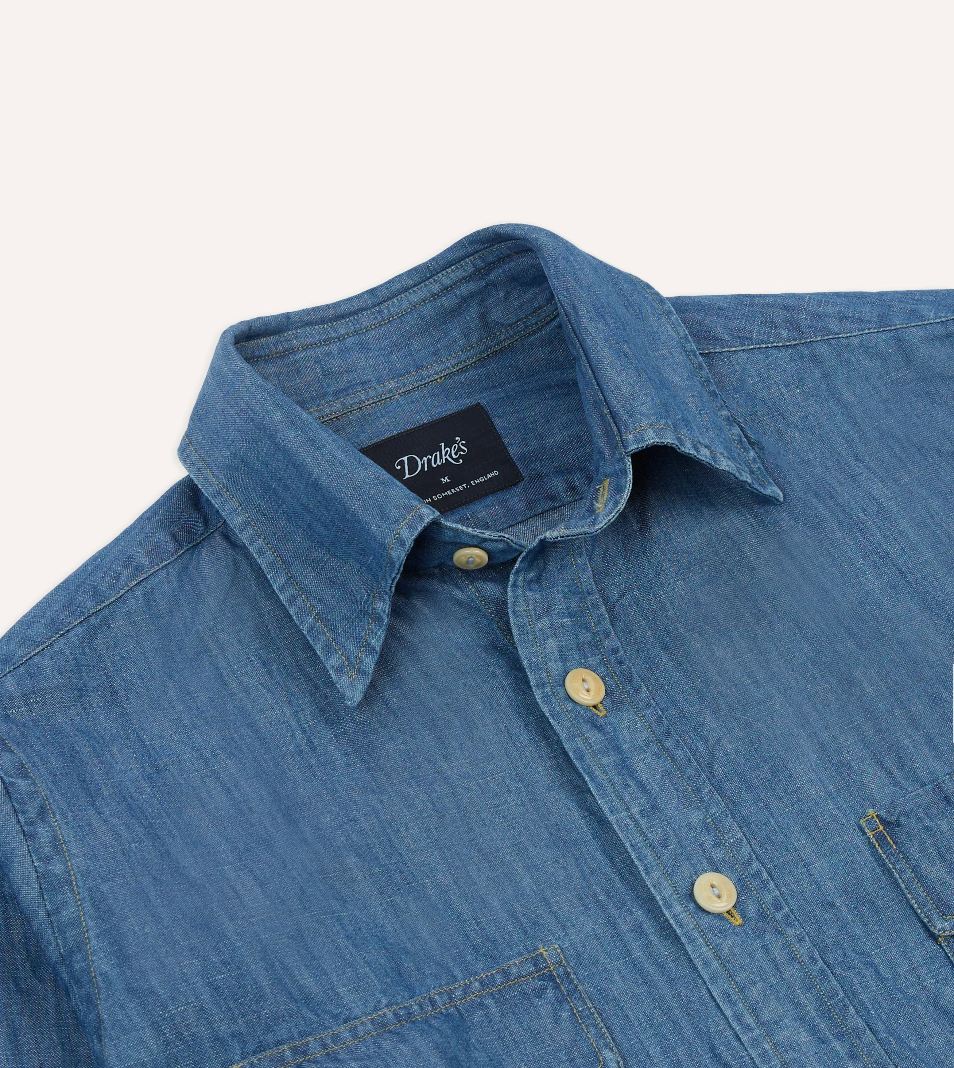 Simple and Relaxed All-Season Wear Stone Wash Cotton-Linen Long Point Collar Work Shirt
