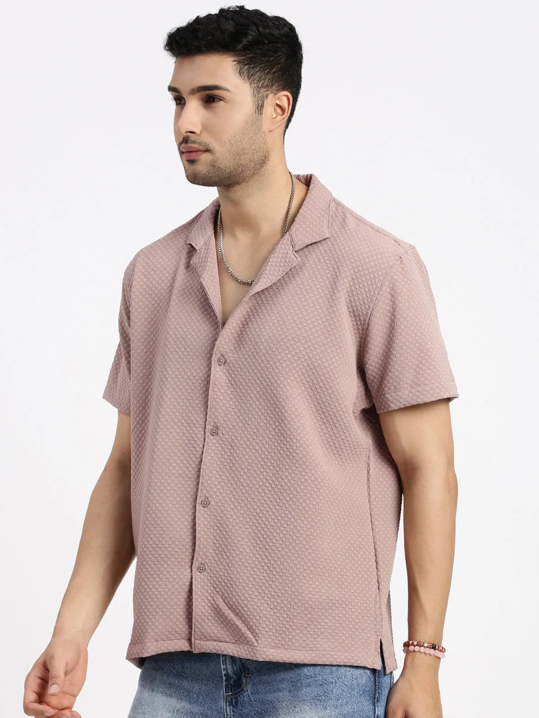 Glow Up Street Sport Men's Brown Cuban Collar Textured Solid Shirt