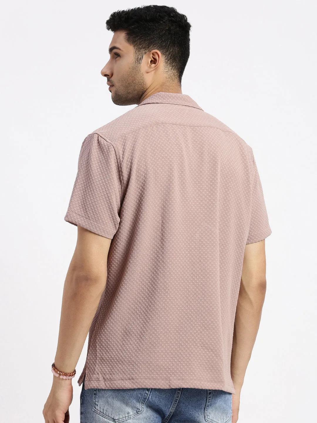 Light Jacket NonRestrictiveSilhouette Men's Brown Cuban Collar Textured Solid Shirt