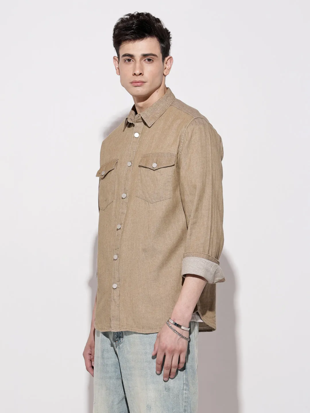 Men's Brown Spread Collar Denim Shirt Spanish Glow