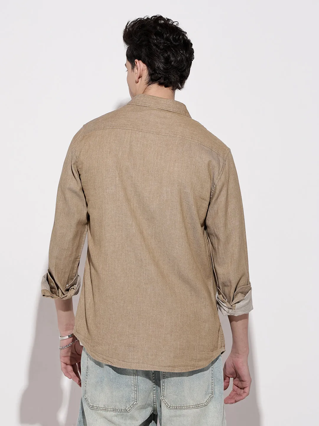 Men's Brown Spread Collar Denim Shirt Office Glam