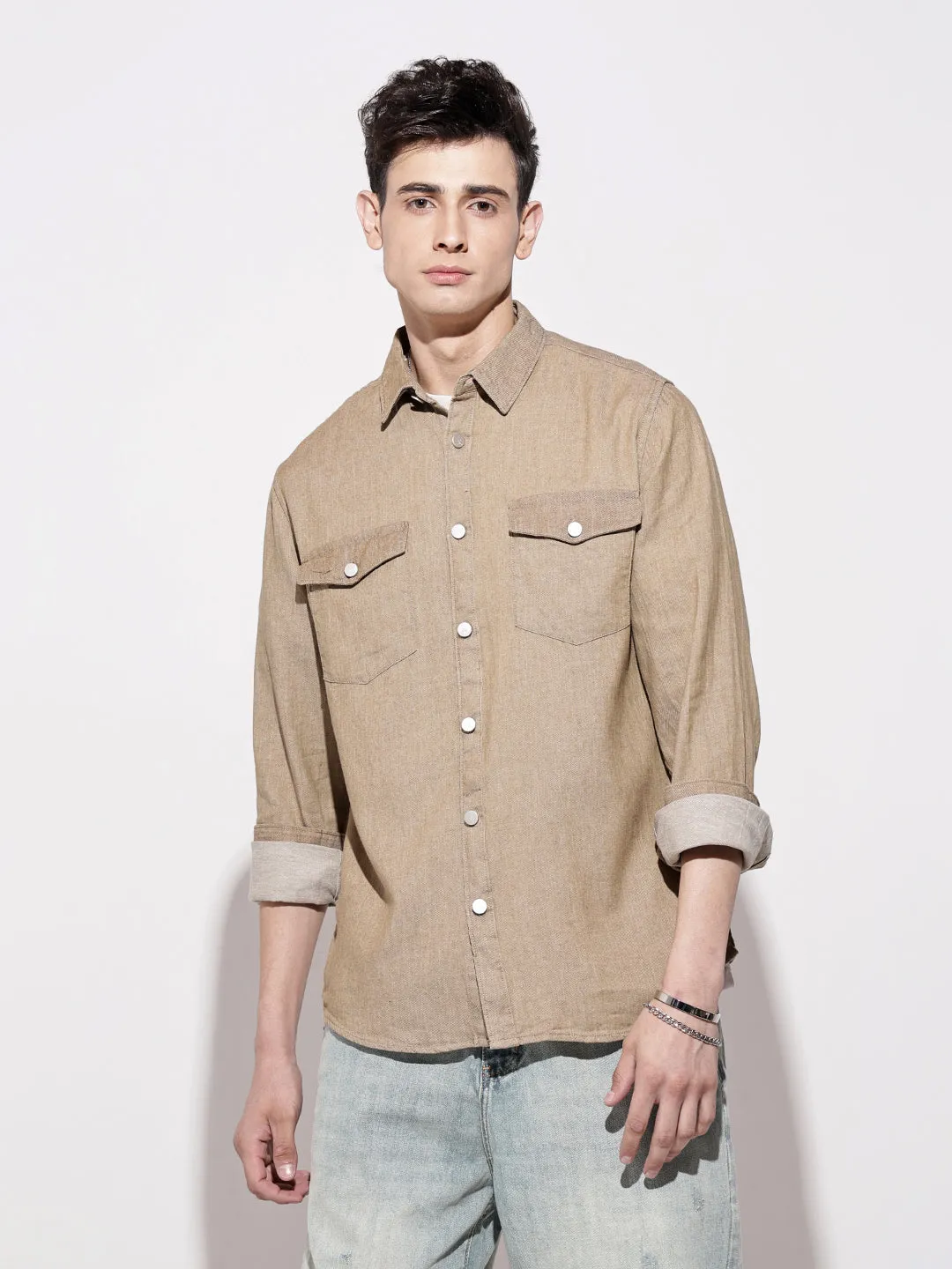Men's Brown Spread Collar Denim Shirt NoIrritationSeams Free Fit