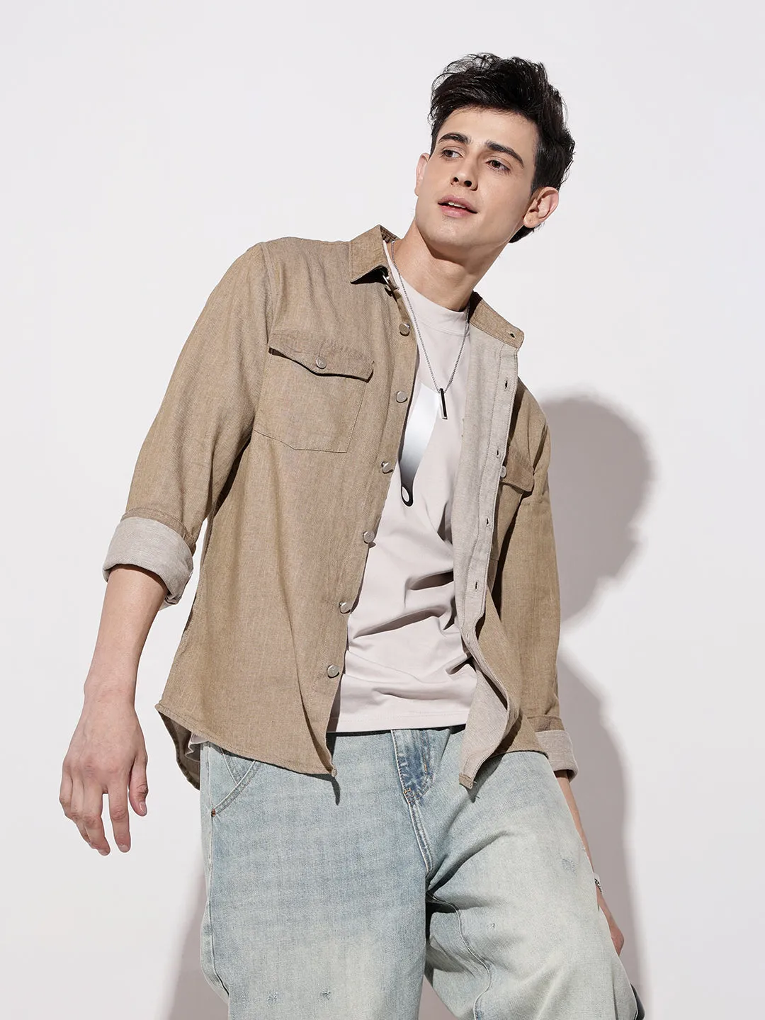 Men's Brown Spread Collar Denim Shirt Fame Glow