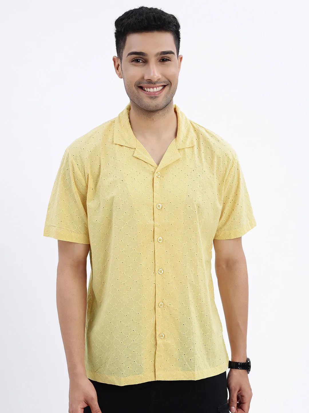 Men's Yellow Premium Cuban Collar Textured Cotton Slim Fit Casual Shirt Easy Fit DoubleLayered Fabric