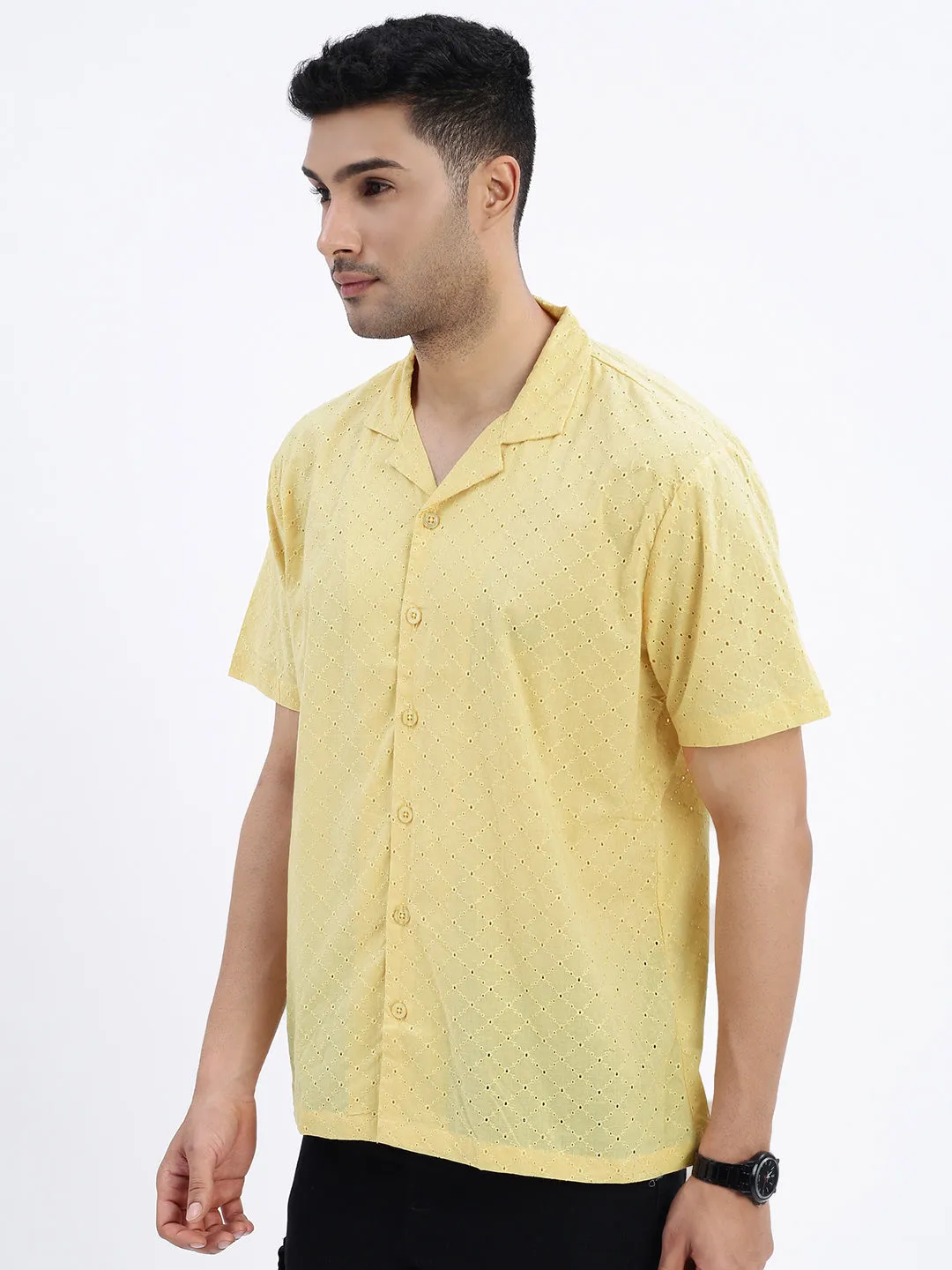 Men's Yellow Premium Cuban Collar Textured Cotton Slim Fit Casual Shirt Hotel Style Soft Touch