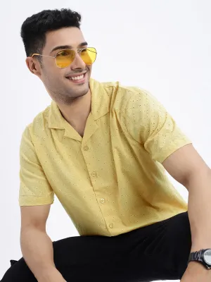 Men's Yellow Premium Cuban Collar Textured Cotton Slim Fit Casual Shirt Durable materials