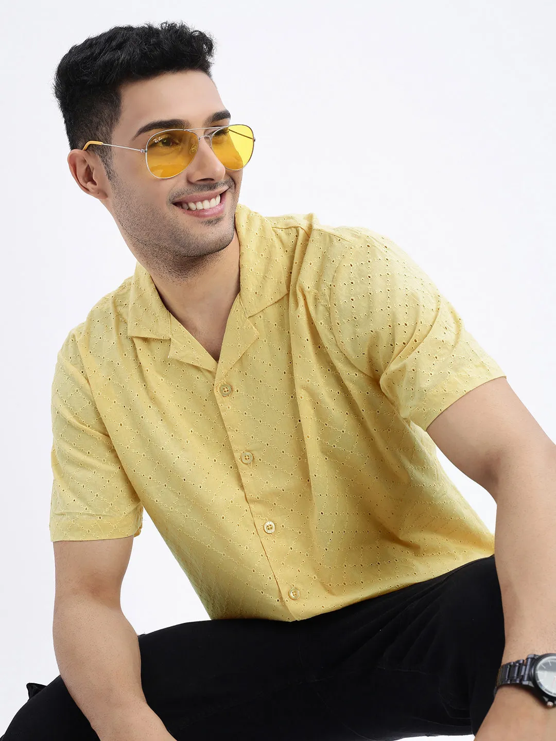 Men's Yellow Premium Cuban Collar Textured Cotton Slim Fit Casual Shirt Durable materials