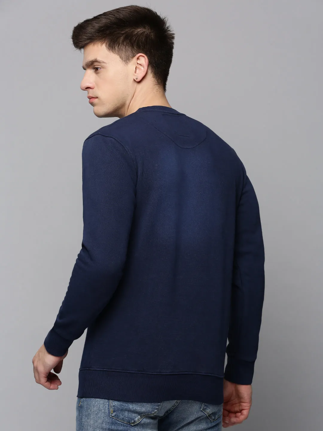 Short Sleeve Two-Tone Design Men's Navy Blue Printed Sweatshirt
