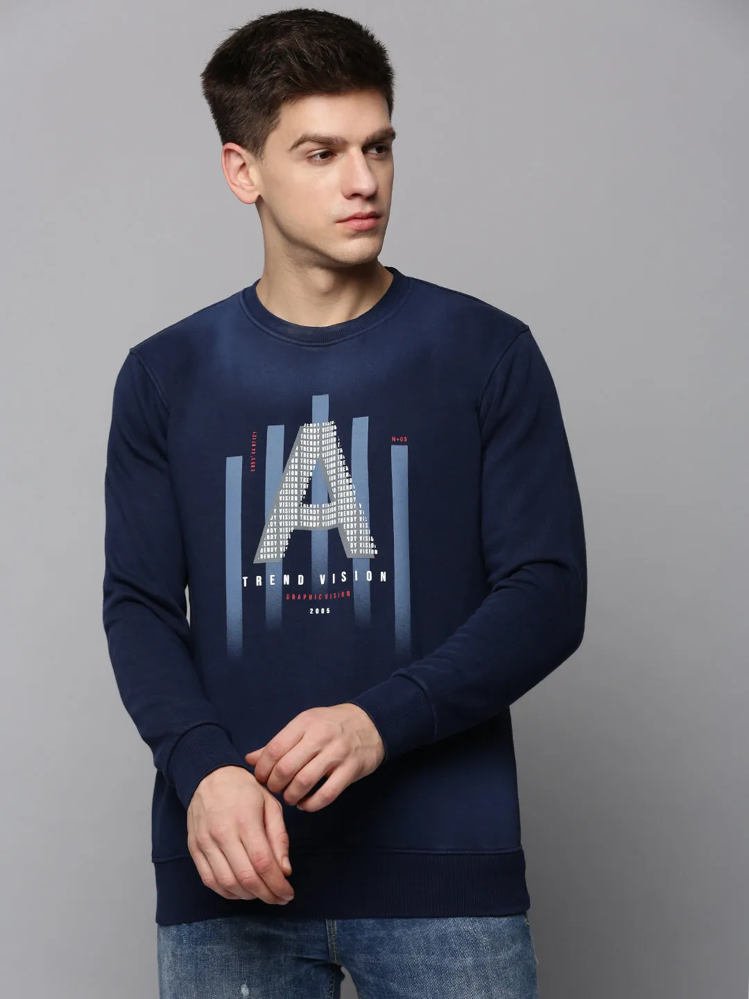 Street-Ready Wear product thermal lining insulation Men's Navy Blue Printed Sweatshirt