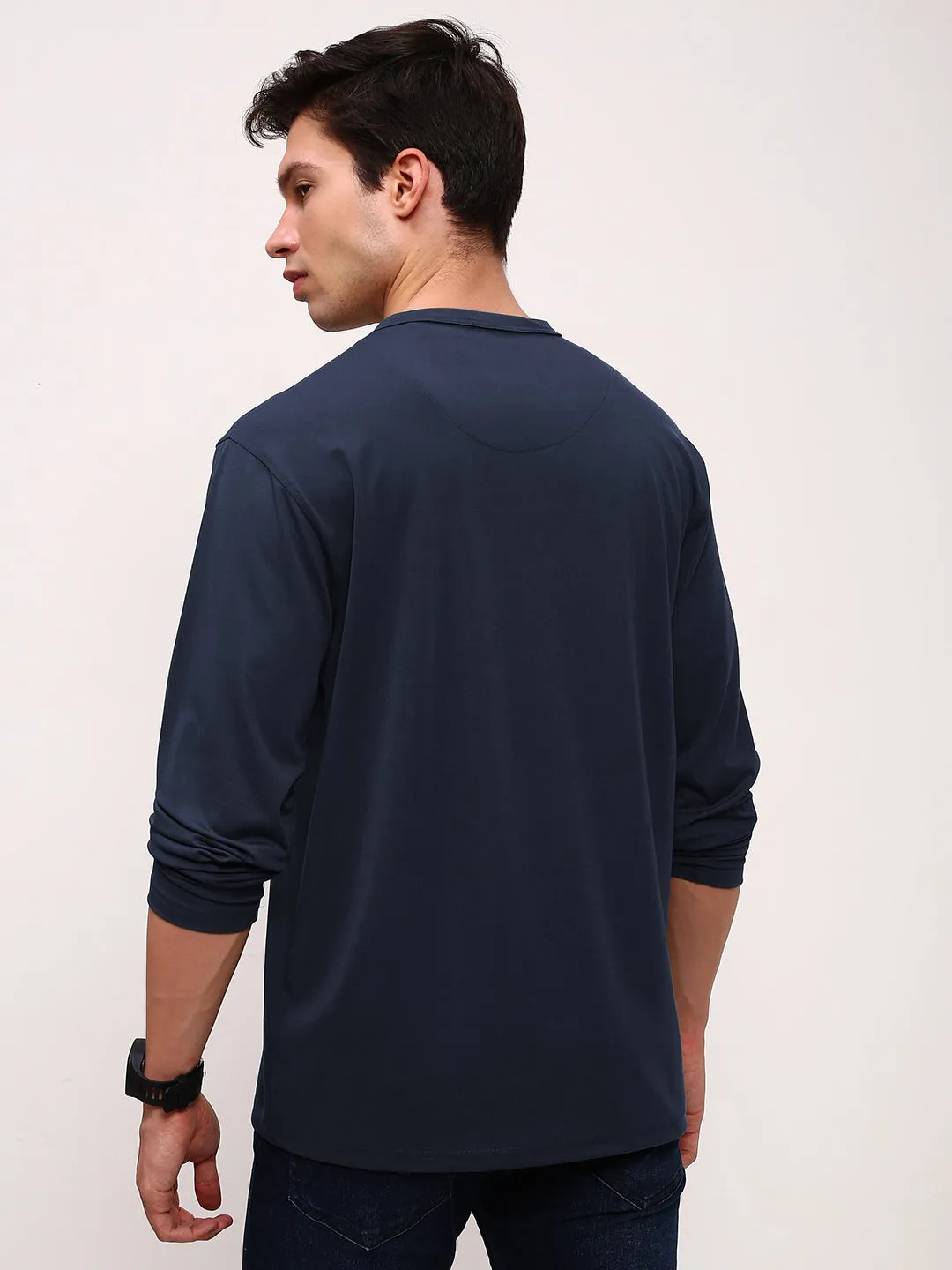 product photography Men's Navy Blue Henley Collar Slim Fit T-Shirt