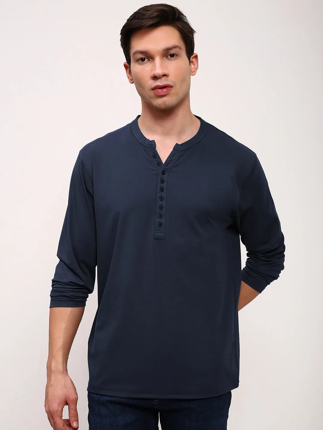 Men's Navy Blue Henley Collar Slim Fit T-Shirt product quilted lining comfort product neutral versatility