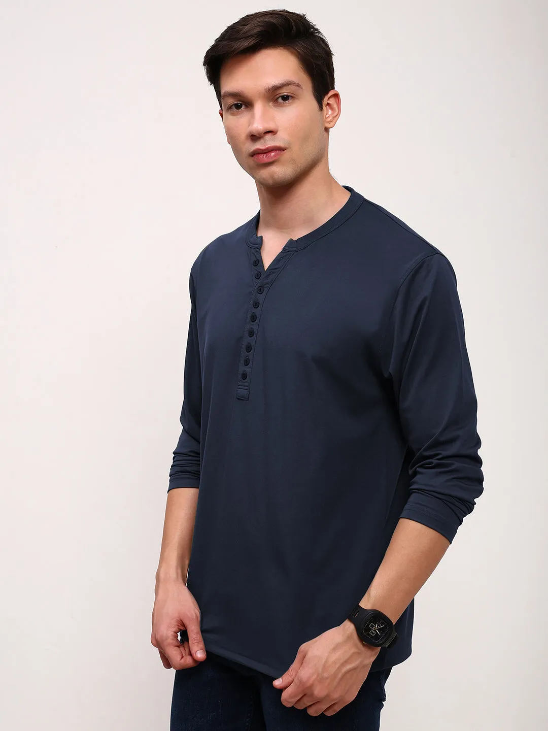 Men's Navy Blue Henley Collar Slim Fit T-Shirt teenagers Comfortable Layers