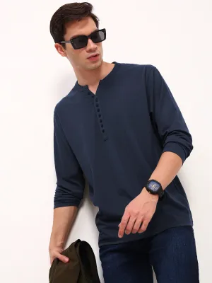Men's Navy Blue Henley Collar Slim Fit T-Shirt Classic Fit Performance Wear